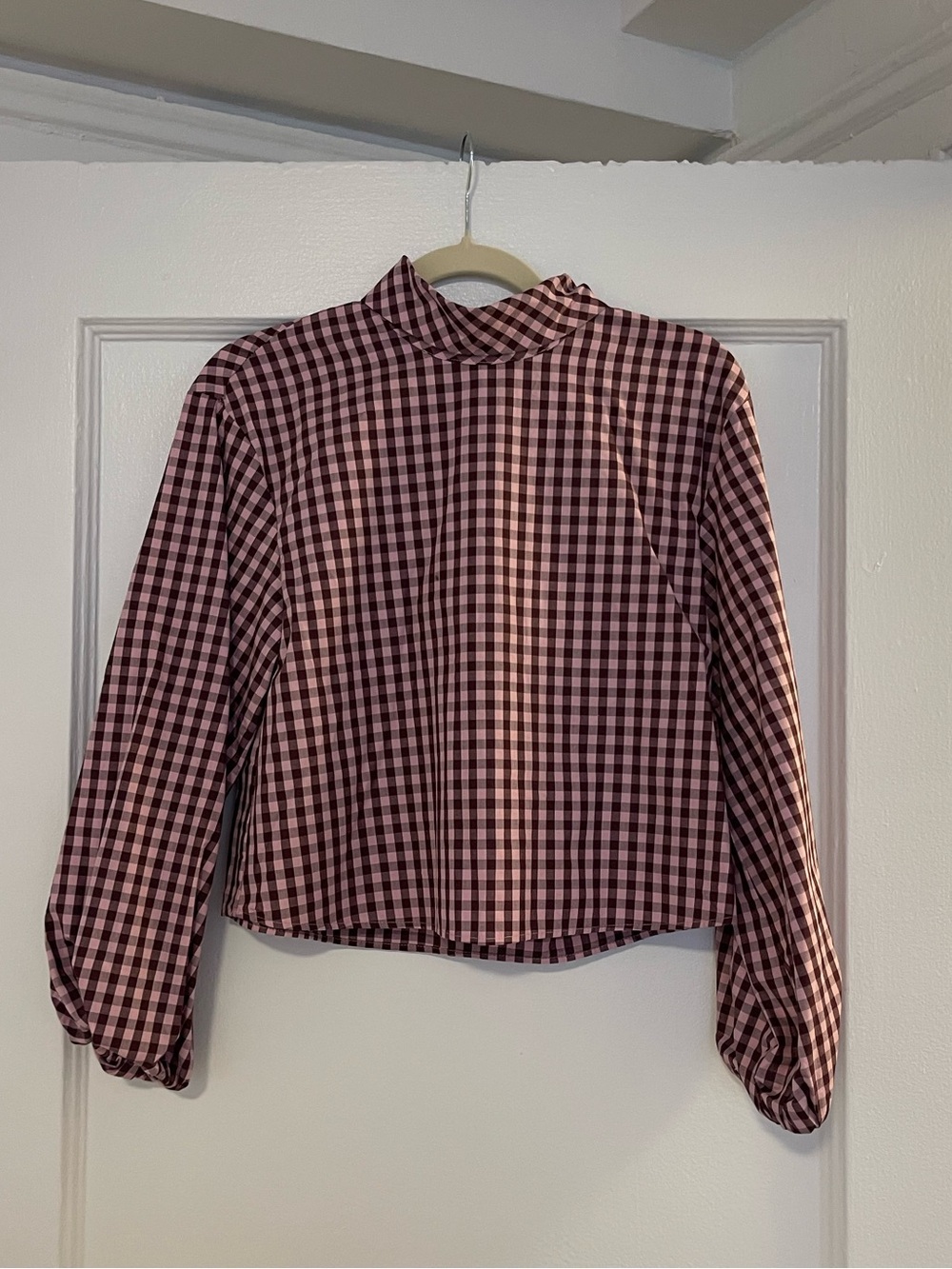Zara Pink and Burgundy Gingham Mock Neck Blouse